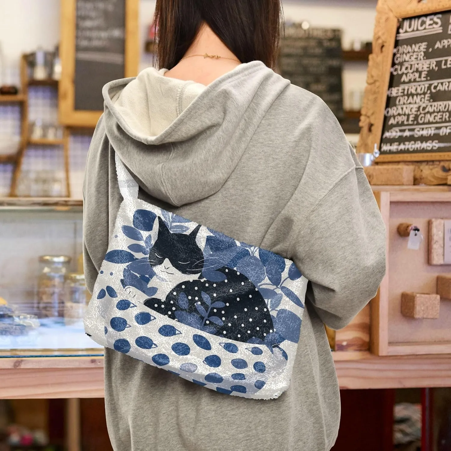 Cartoon Probe Black and White Bulldog Women Shoulder Bag Tote, Plush Tote Bag Women, Womens Outdoor Bag