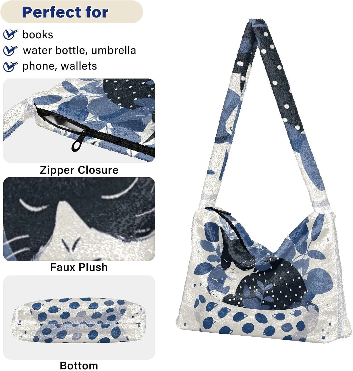 Cartoon Probe Black and White Bulldog Women Shoulder Bag Tote, Plush Tote Bag Women, Womens Outdoor Bag