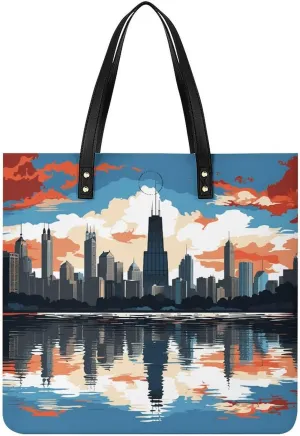 Chicago Skyline Leather Women Tote Bag Soft Handbags Fashion Shoulder Purses Large Capacity Satchel Clutch Handbag for Travel Work