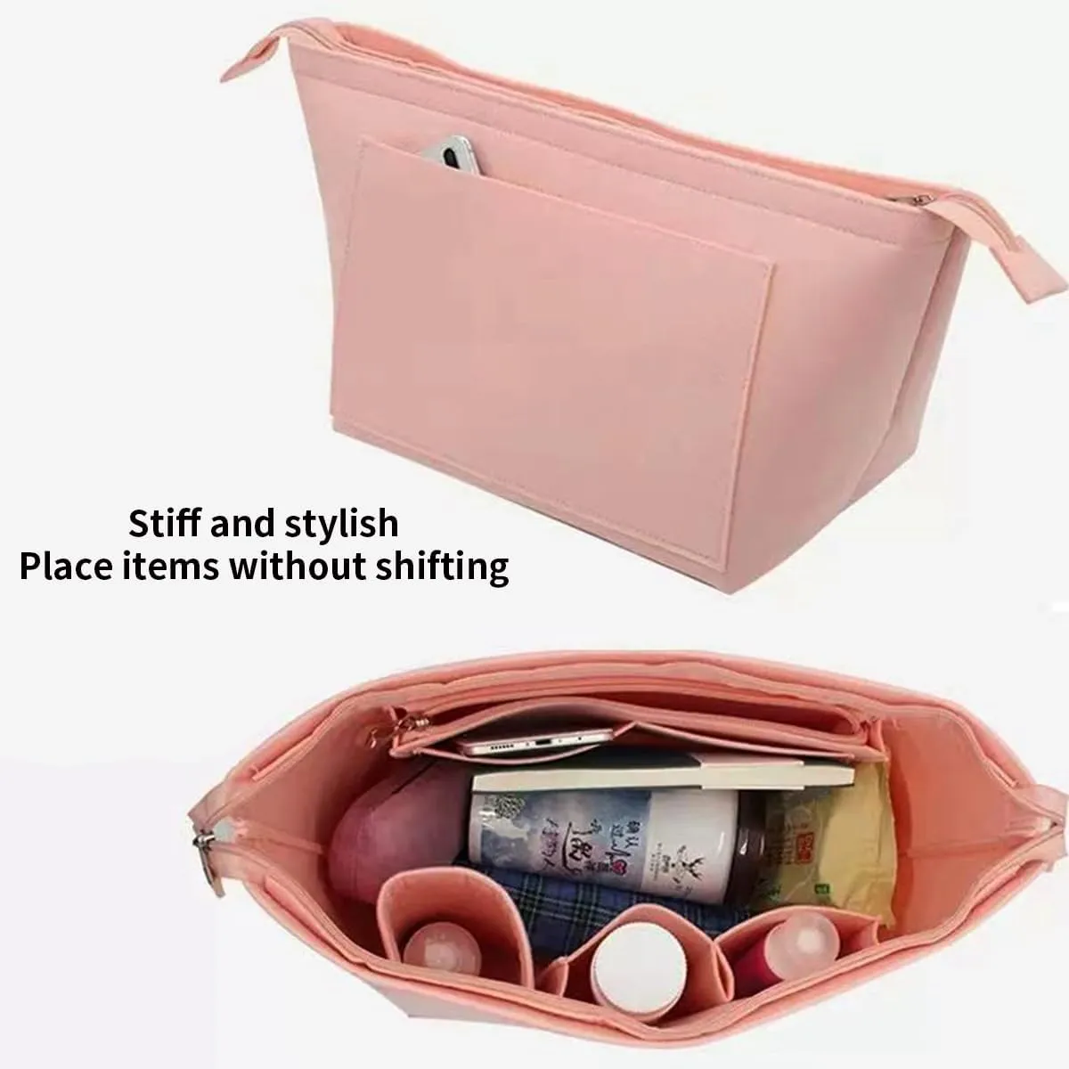Chispee Soft Felt Purse Organizer Insert for Longchamp,Tote Handbags Lightweight Bag Organizer with Multiple Pockets and Zipper (Pink,M)