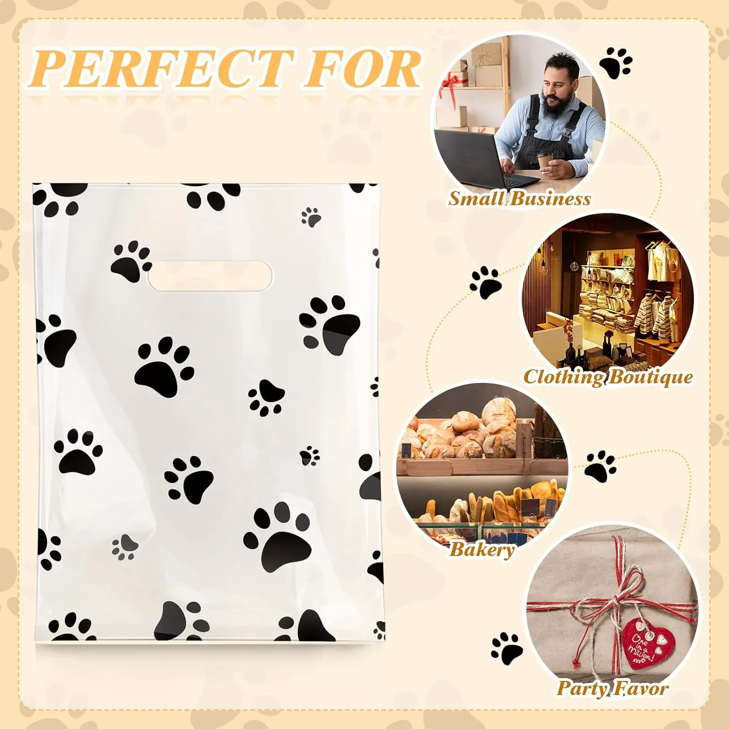Cholemy 100 Pcs Dog Paw Plastic Bags Dog Gift Bags Shopping Merchandise Sturdy Totes with Handles for Holiday Birthday Party Business, 9 x 12 in (Black)