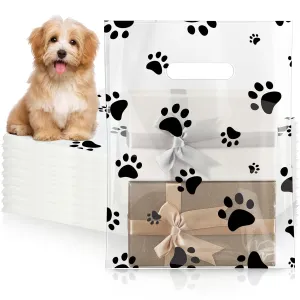 Cholemy 100 Pcs Dog Paw Plastic Bags Dog Gift Bags Shopping Merchandise Sturdy Totes with Handles for Holiday Birthday Party Business, 9 x 12 in (Black)