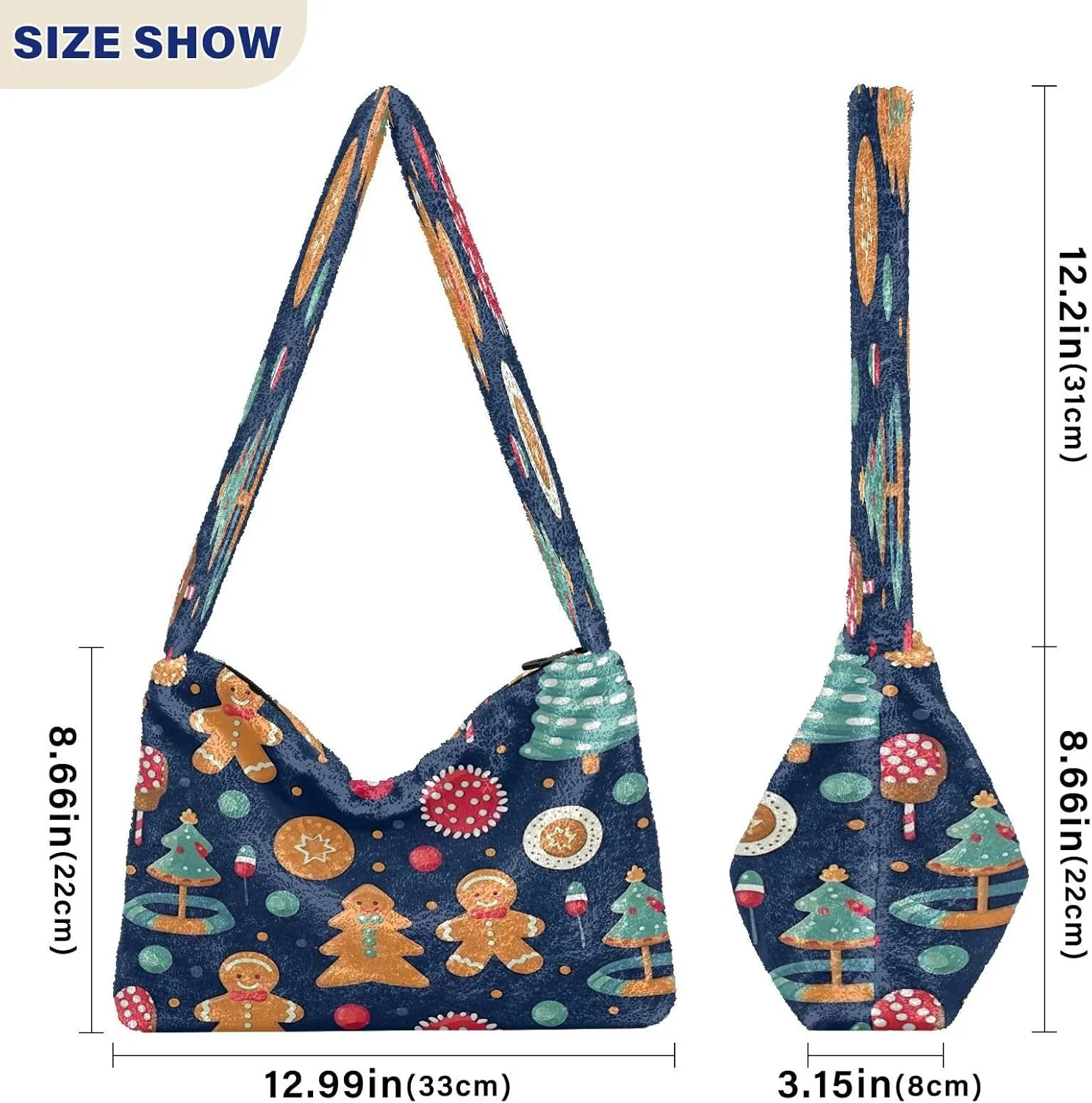 Christmas Tree with Cookies Women Plush Shoulder Bag, Tote Book Bag for Women, Autumn Handbags