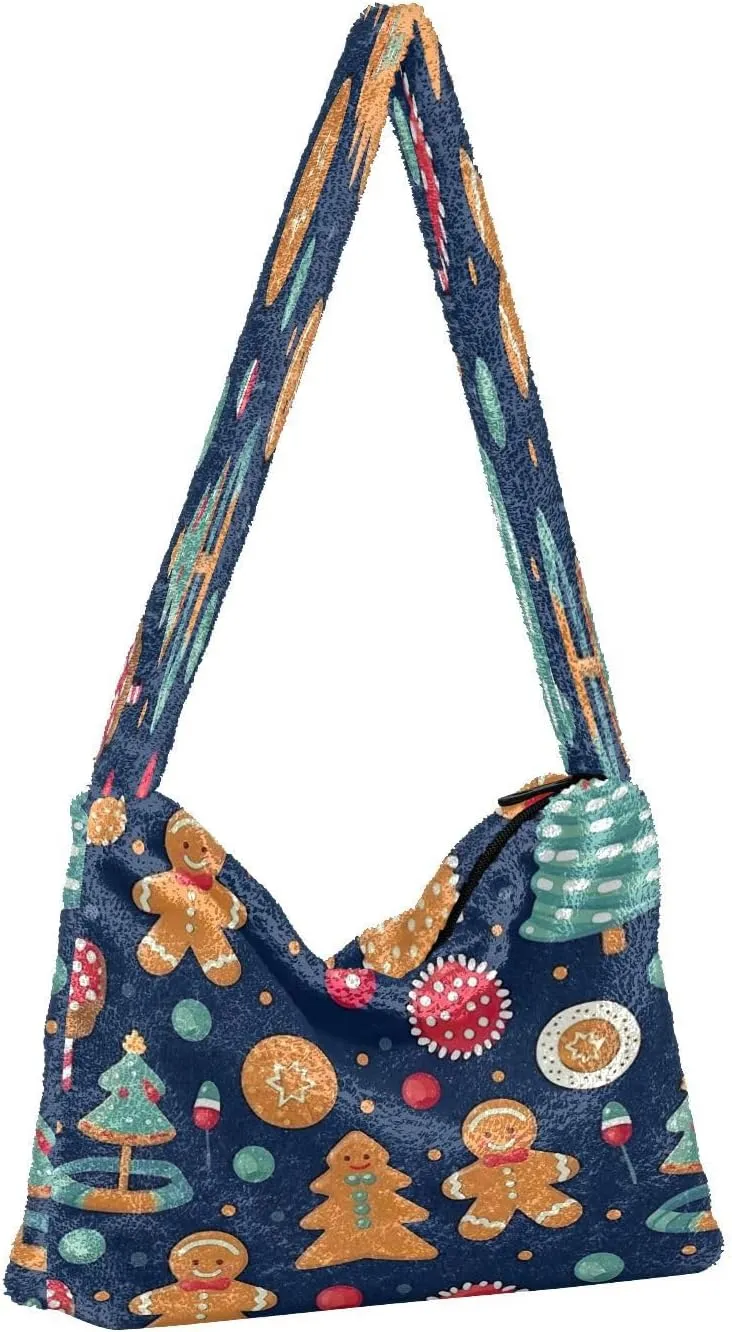 Christmas Tree with Cookies Women Plush Shoulder Bag, Tote Book Bag for Women, Autumn Handbags