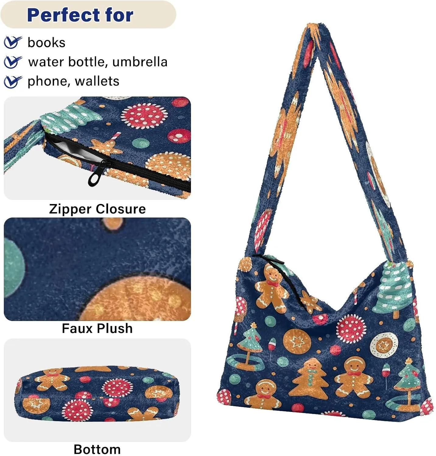 Christmas Tree with Cookies Women Plush Shoulder Bag, Tote Book Bag for Women, Autumn Handbags