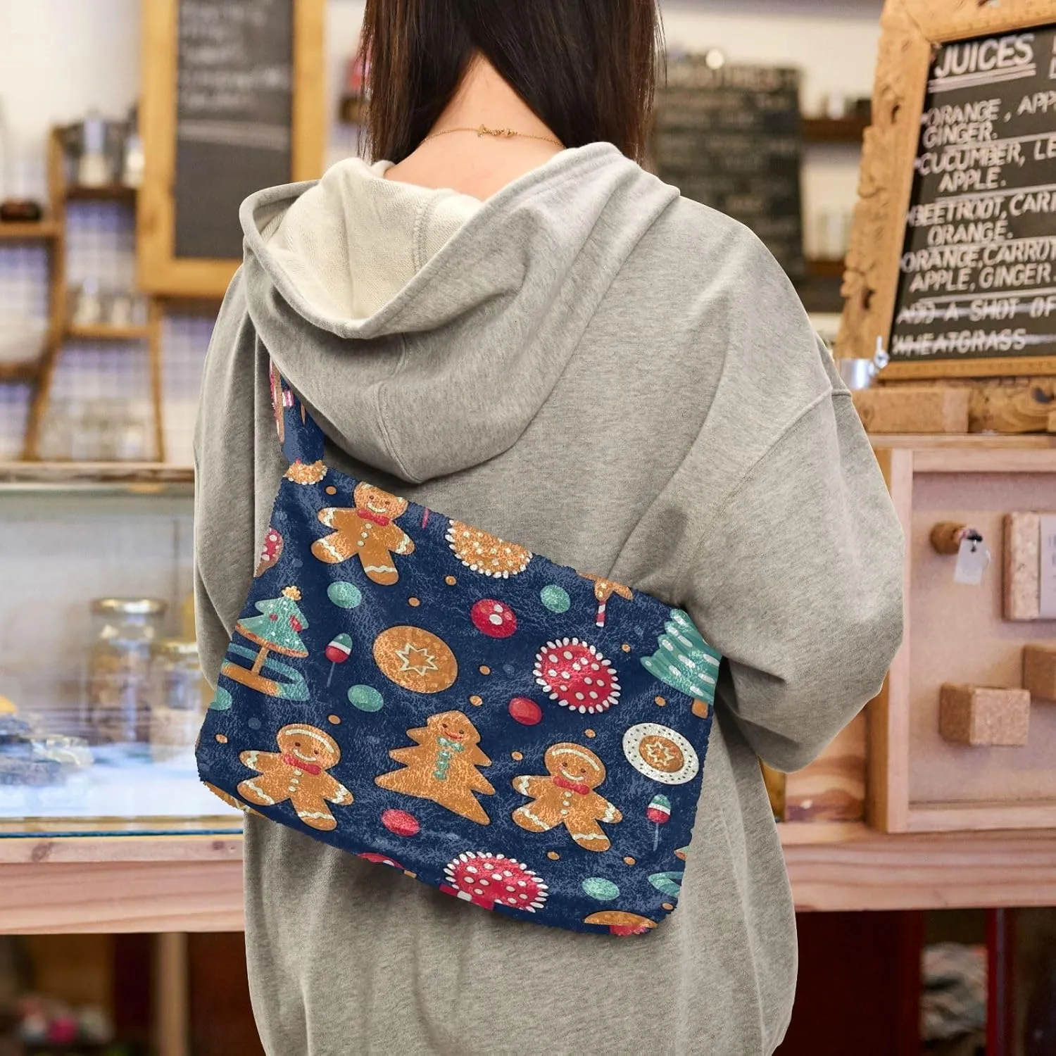 Christmas Tree with Cookies Women Plush Shoulder Bag, Tote Book Bag for Women, Autumn Handbags