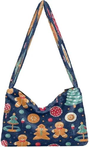 Christmas Tree with Cookies Women Plush Shoulder Bag, Tote Book Bag for Women, Autumn Handbags