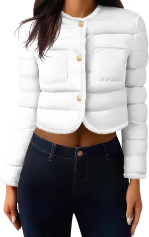 Cicy Bell Womens Cropped Puffer Jackets Quilted Lightweight Collarless Button Down Warm Winter Coats with Pockets