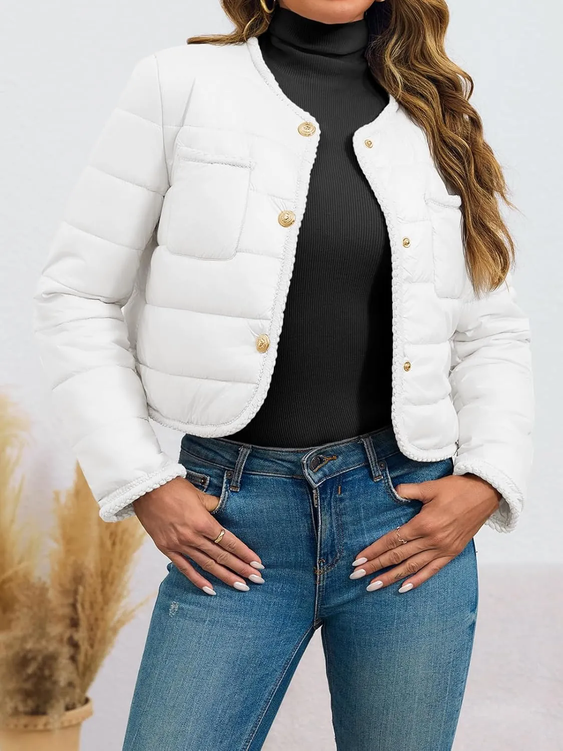 Cicy Bell Womens Cropped Puffer Jackets Quilted Lightweight Collarless Button Down Warm Winter Coats with Pockets
