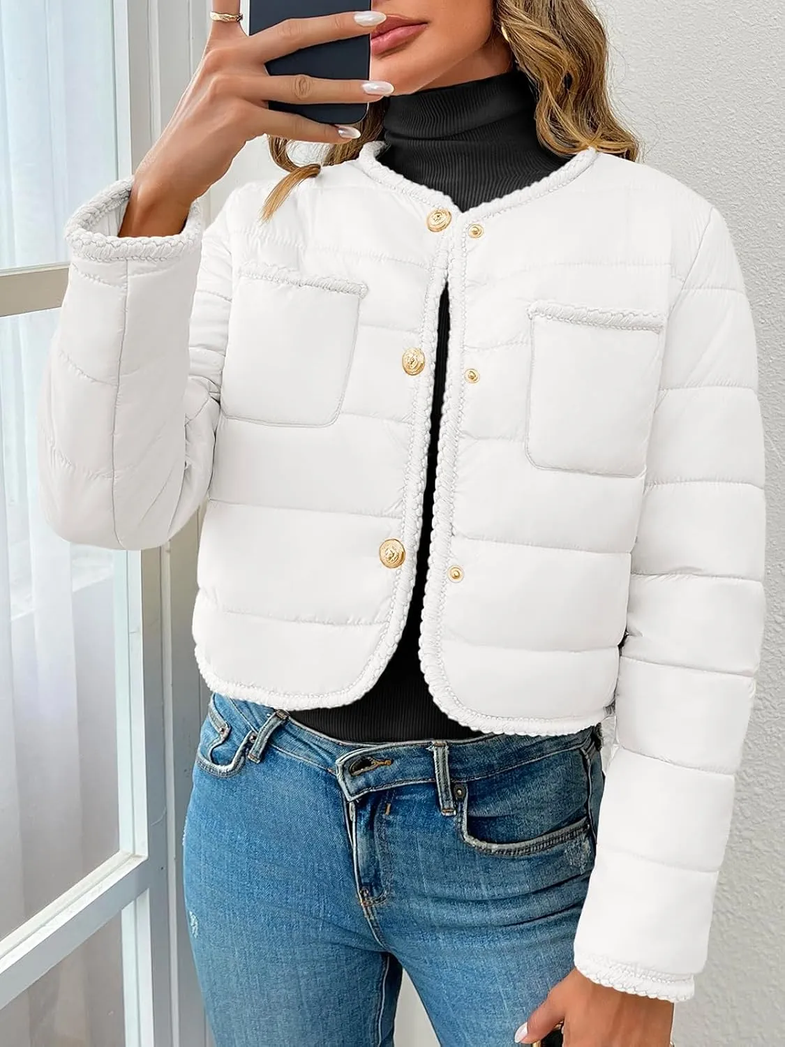Cicy Bell Womens Cropped Puffer Jackets Quilted Lightweight Collarless Button Down Warm Winter Coats with Pockets