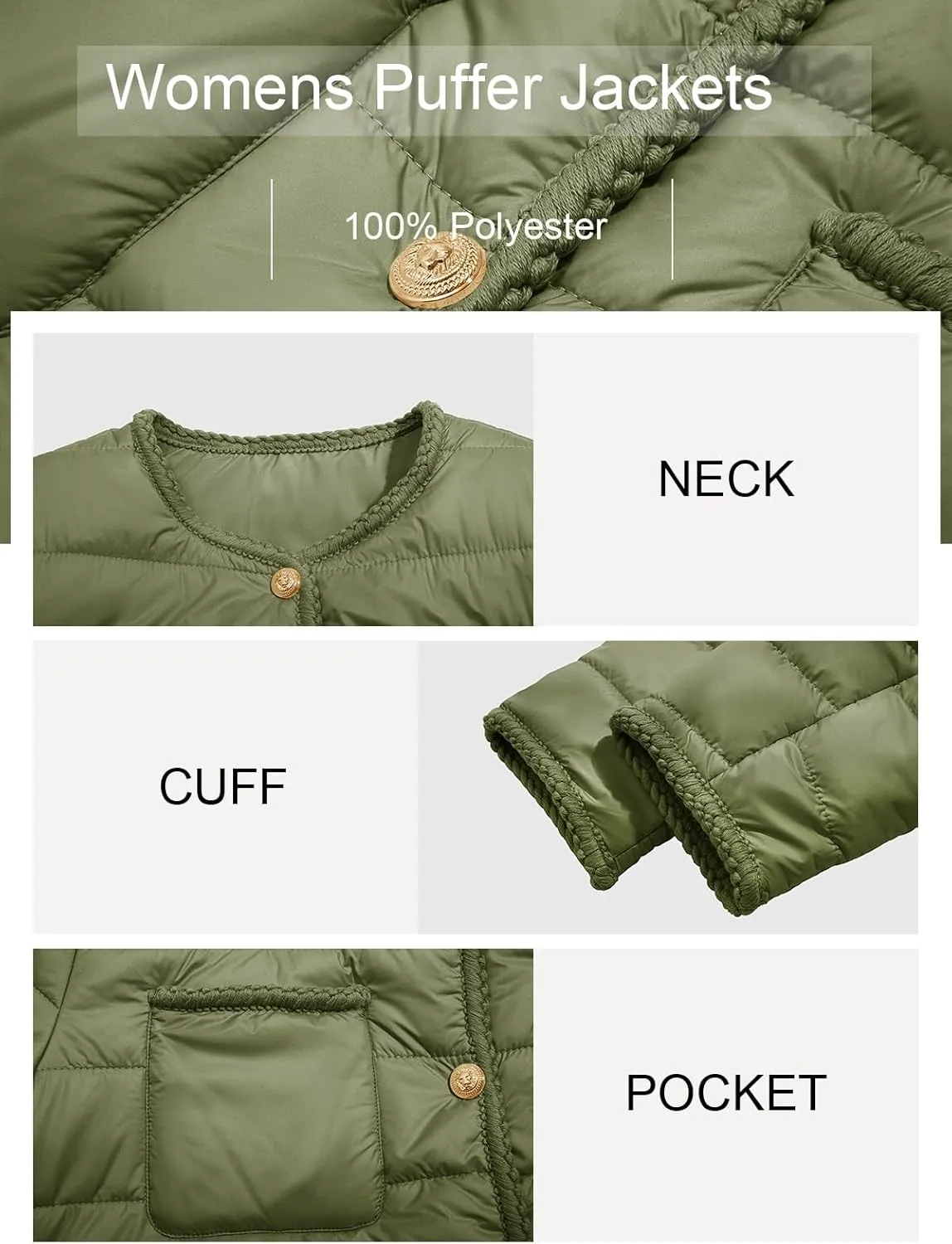 Cicy Bell Womens Cropped Puffer Jackets Quilted Lightweight Collarless Button Down Warm Winter Coats with Pockets