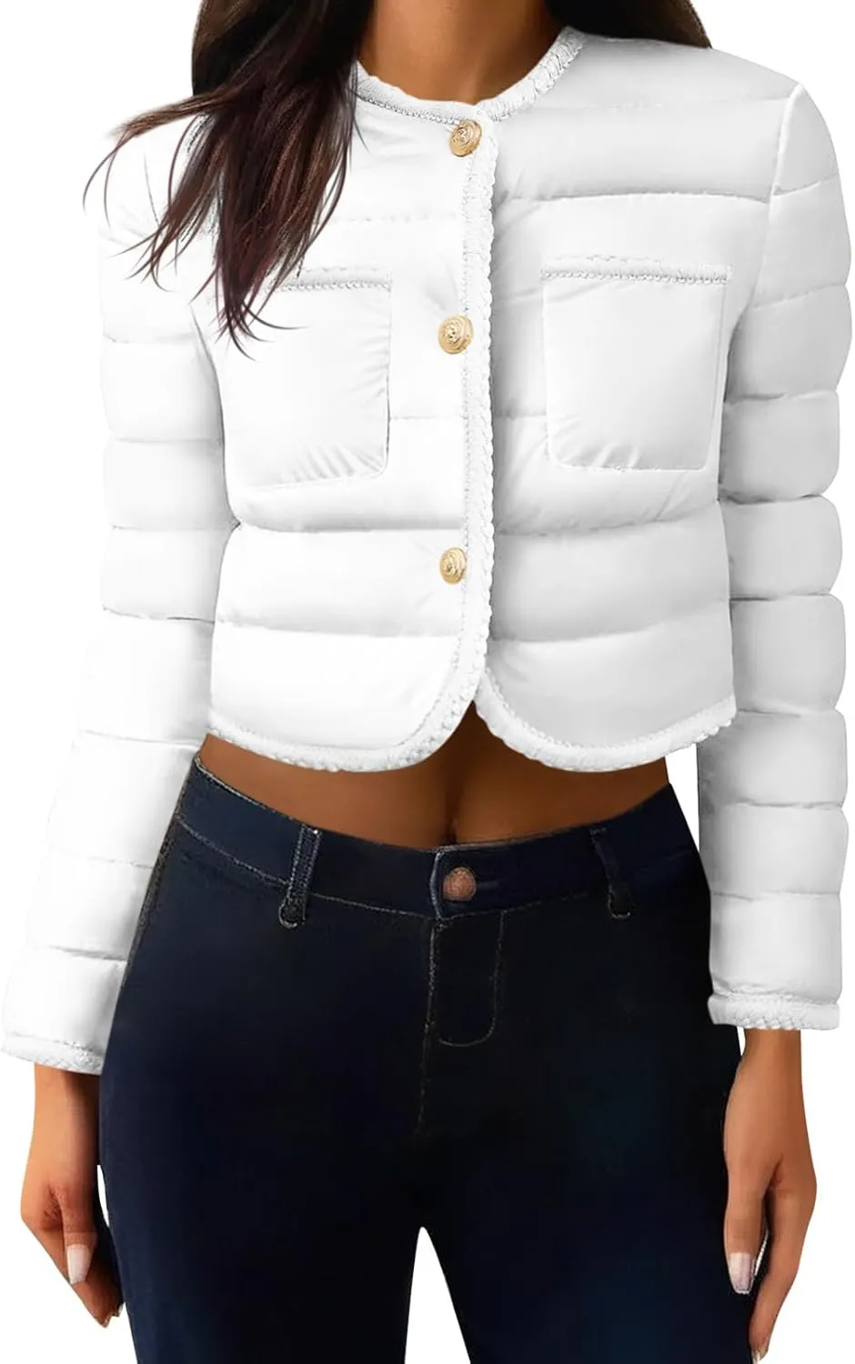 Cicy Bell Womens Cropped Puffer Jackets Quilted Lightweight Collarless Button Down Warm Winter Coats with Pockets