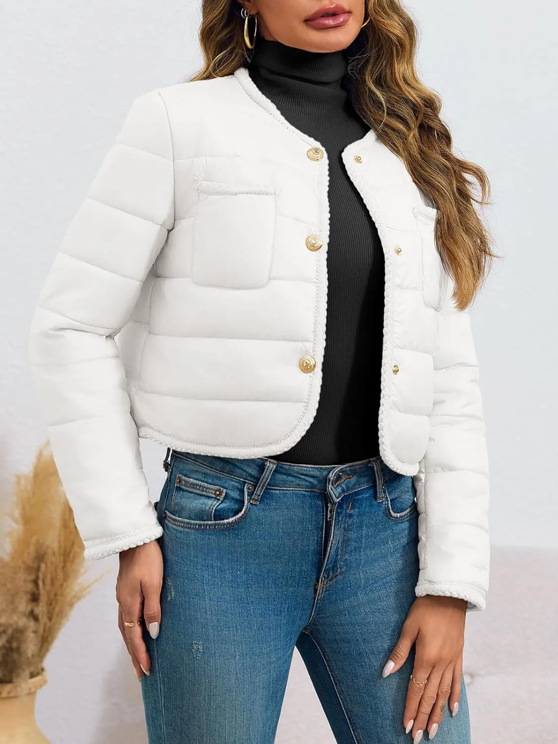 Cicy Bell Womens Cropped Puffer Jackets Quilted Lightweight Collarless Button Down Warm Winter Coats with Pockets