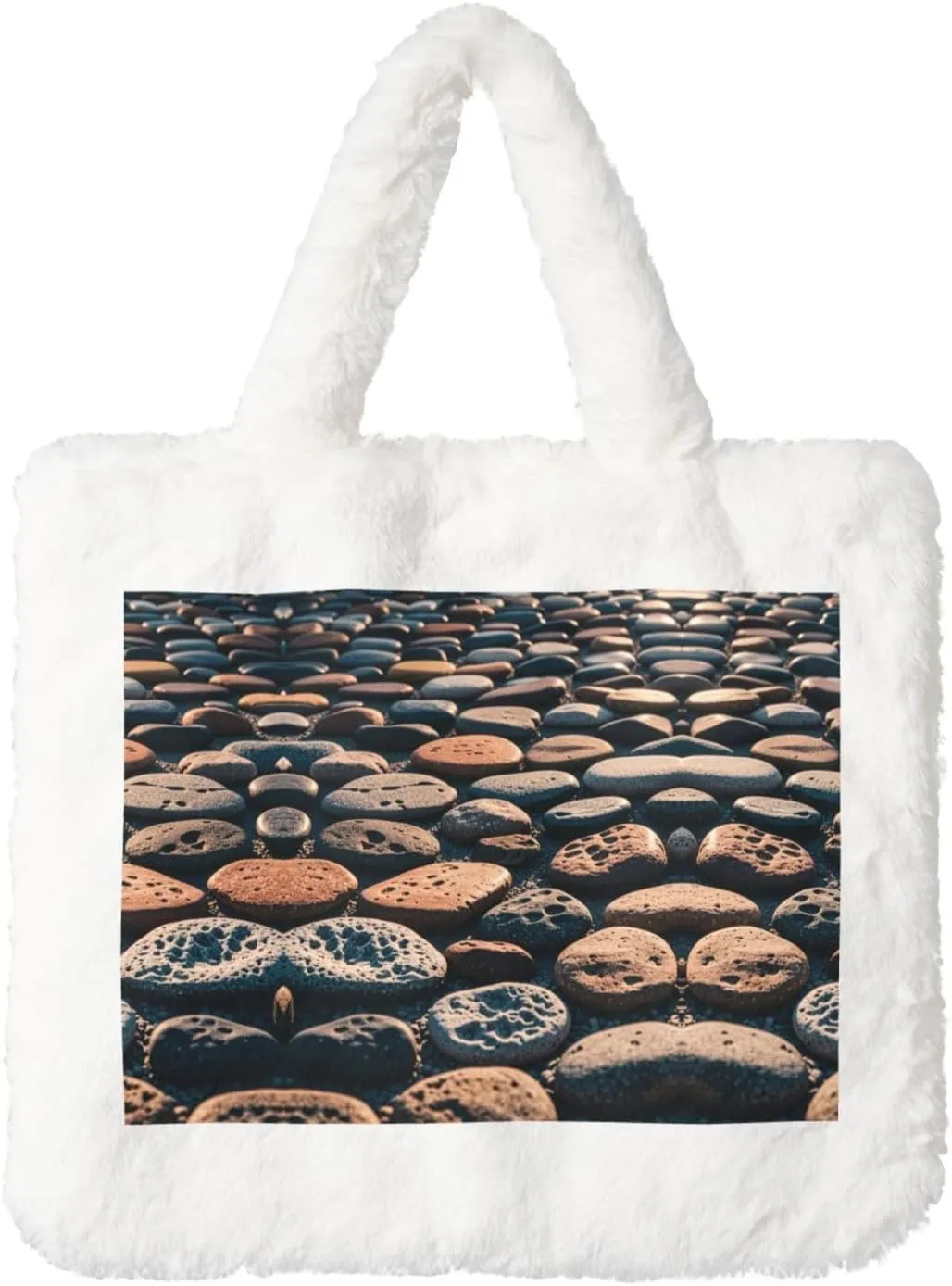 Cobble Printed Plush Handbag, White Soft Faux Rabbit Fur Shoulder Bag for Women, Suitable for Autumn and Winter