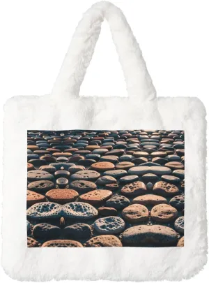 Cobble Printed Plush Handbag, White Soft Faux Rabbit Fur Shoulder Bag for Women, Suitable for Autumn and Winter