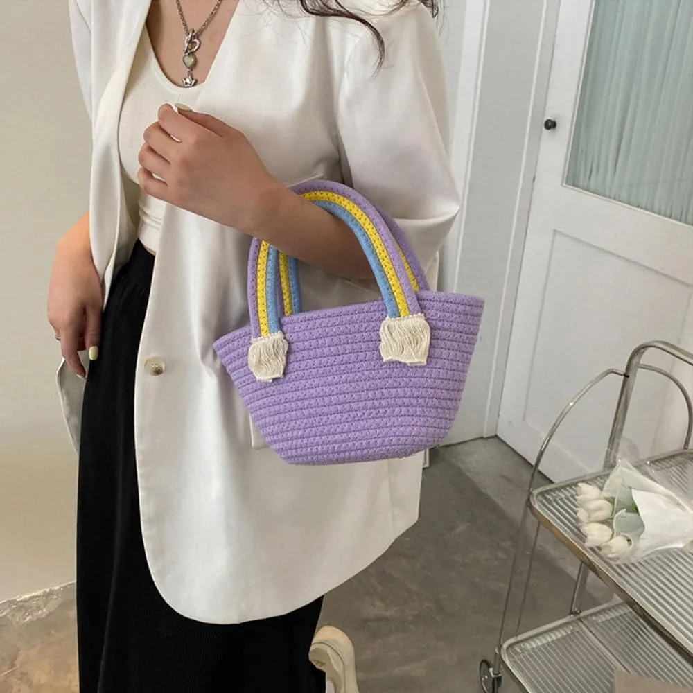 Cotton Handmade Women’s Tote Handbags Hand-Woven Purse with Rainbow Handles Summer Beach Tote Bag Travel Bag Holiday