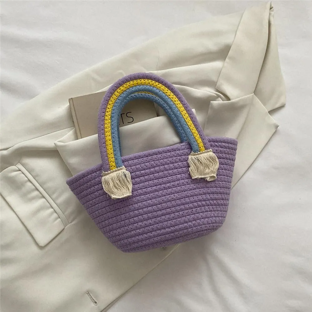 Cotton Handmade Women’s Tote Handbags Hand-Woven Purse with Rainbow Handles Summer Beach Tote Bag Travel Bag Holiday