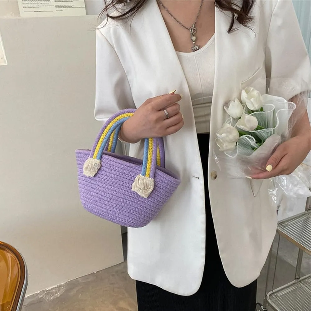 Cotton Handmade Women’s Tote Handbags Hand-Woven Purse with Rainbow Handles Summer Beach Tote Bag Travel Bag Holiday