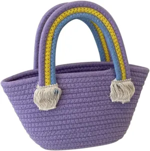 Cotton Handmade Women’s Tote Handbags Hand-Woven Purse with Rainbow Handles Summer Beach Tote Bag Travel Bag Holiday