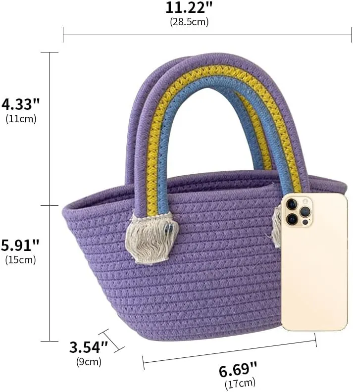 Cotton Handmade Women’s Tote Handbags Hand-Woven Purse with Rainbow Handles Summer Beach Tote Bag Travel Bag Holiday