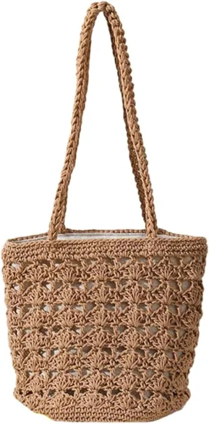 Cotton Rope Summer Beach HandBag Vacation Hand- Woven Shoulder Bucket Bag Chic Hollow-out Purses
