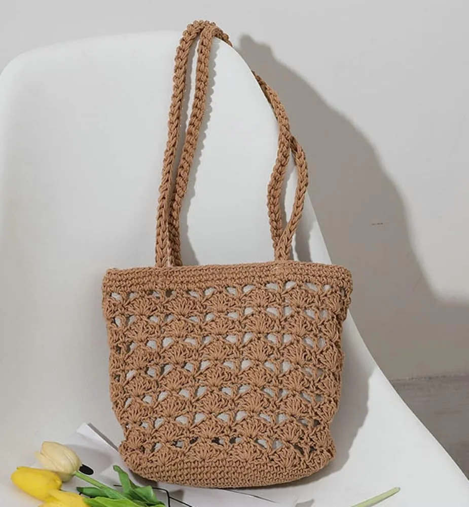 Cotton Rope Summer Beach HandBag Vacation Hand- Woven Shoulder Bucket Bag Chic Hollow-out Purses