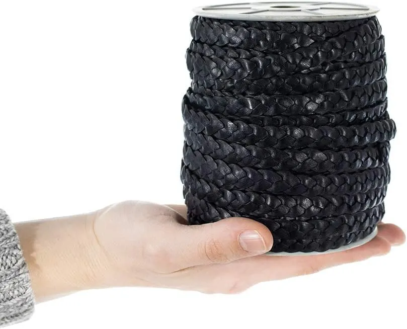 Craft County Flat Braided Leather Jewelry Craft Cord – Necklaces, Belts, Bracelets, Crafts and Jewelry Making (Black, 10mm X 5 Yards)