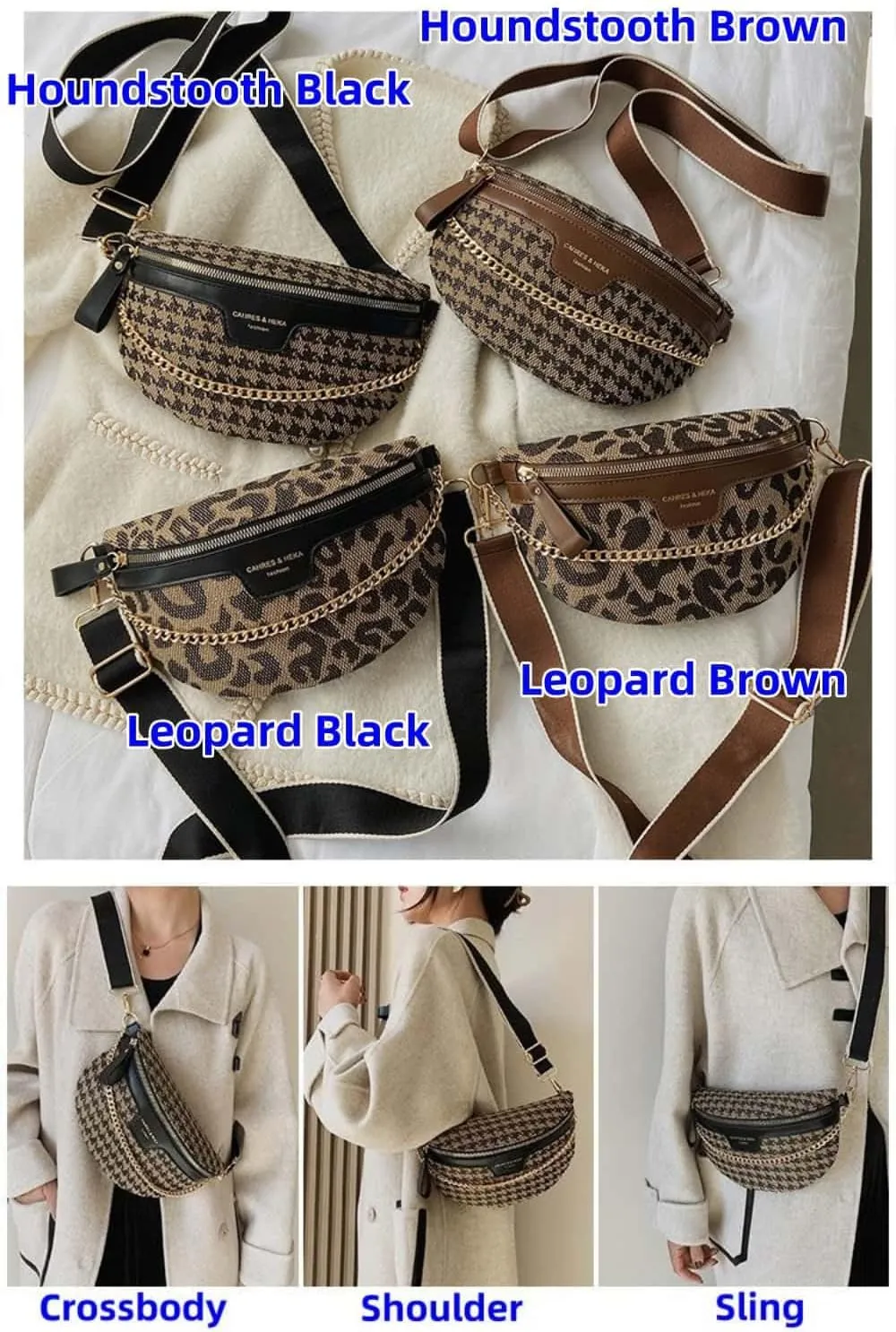 Crossbody Bags for Women Trendy All-match Sling Chest Bag Fashion Leopard Pattern Fanny Pack Zipper Casual Versatile (Houndstooth Black)