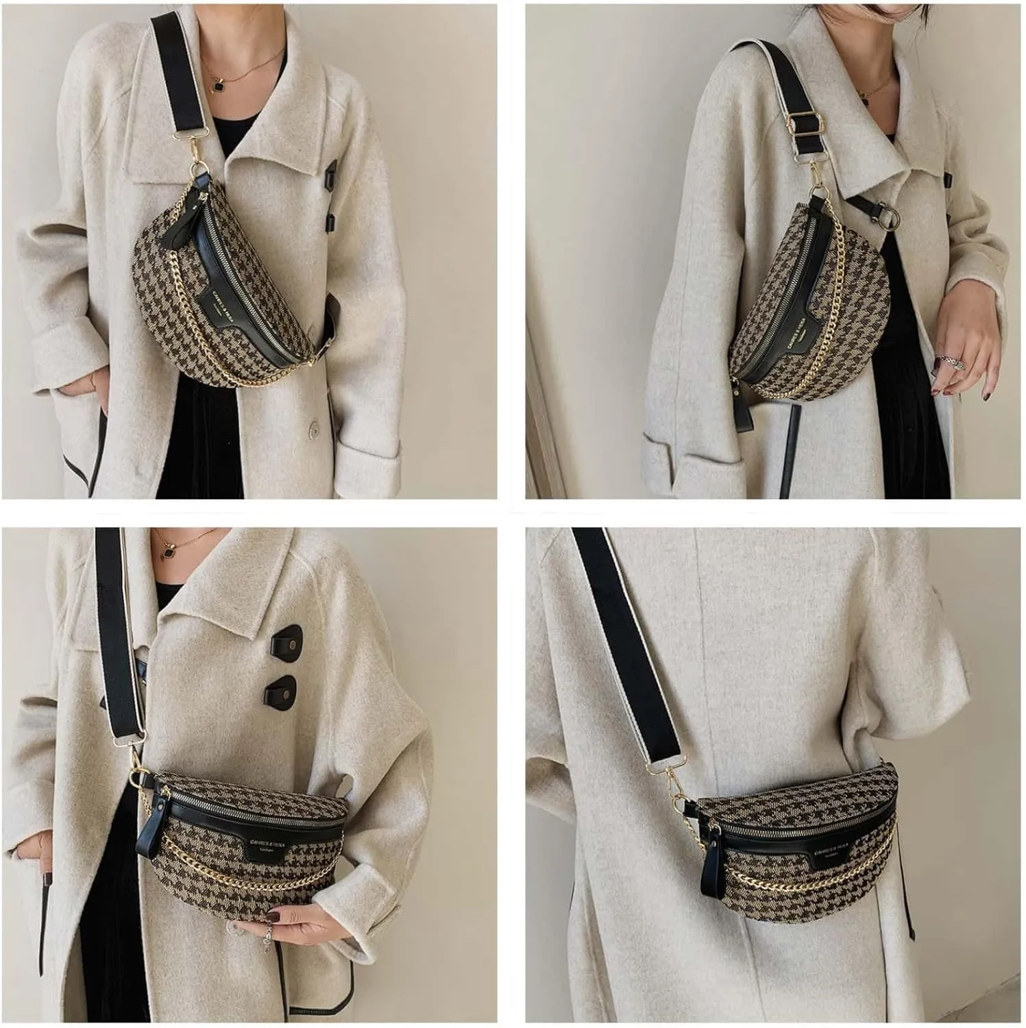 Crossbody Bags for Women Trendy All-match Sling Chest Bag Fashion Leopard Pattern Fanny Pack Zipper Casual Versatile (Houndstooth Black)