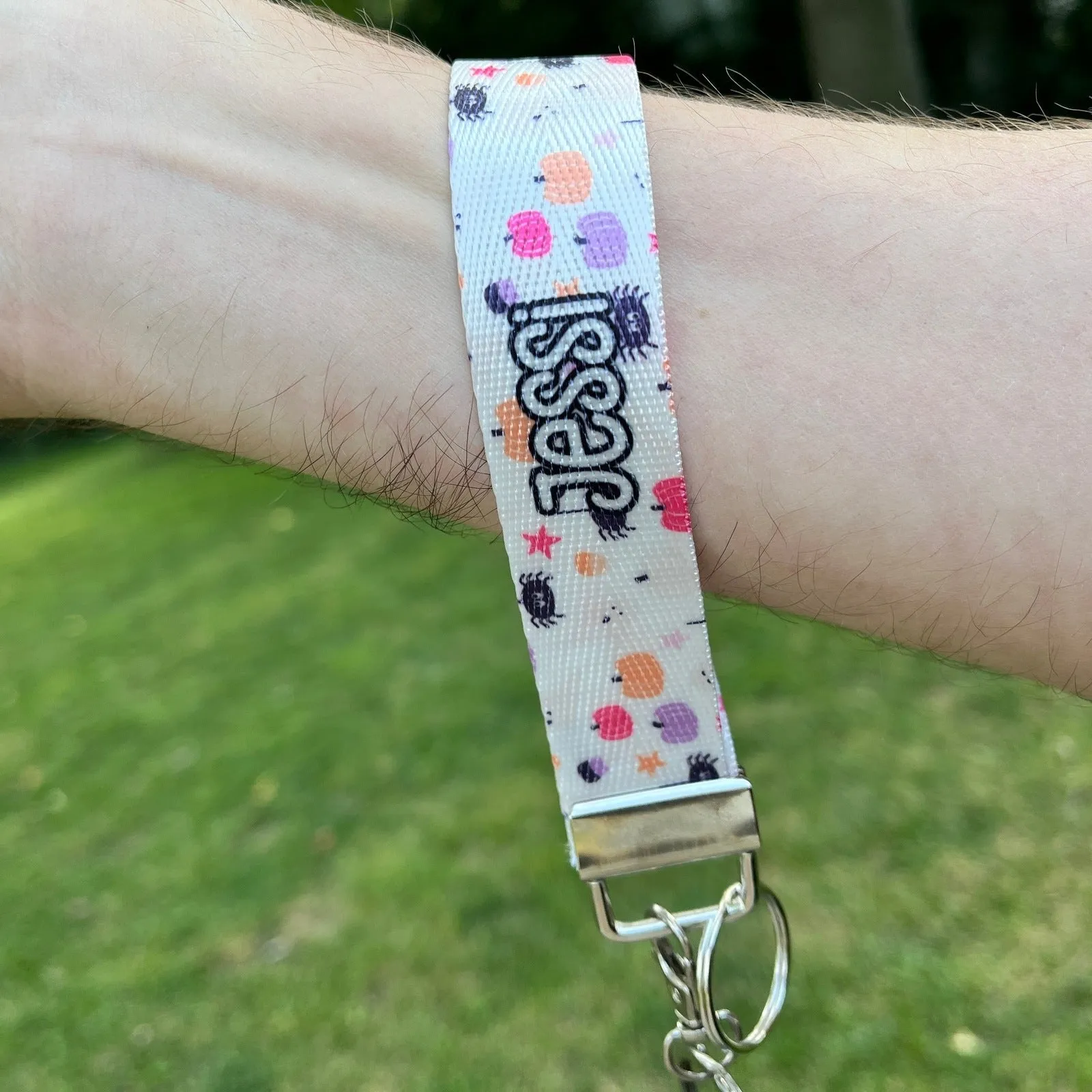 Custom Pastel Pumpkin Pattern Nylon Keychain Wristlet - Personalized Halloween and Fall Accessory for Keyring, Backpack, or Purse