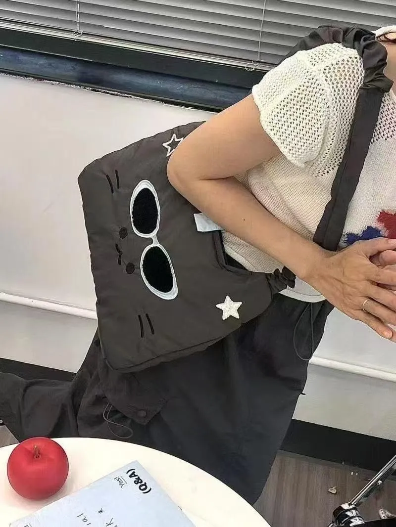 Cute Cat Messenger Bag Tote Bag Funny Crossbody Bag for Women Japanese Cartoon Purse (Gray)