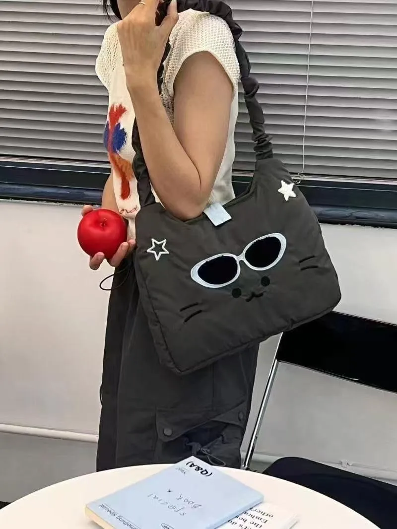 Cute Cat Messenger Bag Tote Bag Funny Crossbody Bag for Women Japanese Cartoon Purse (Gray)