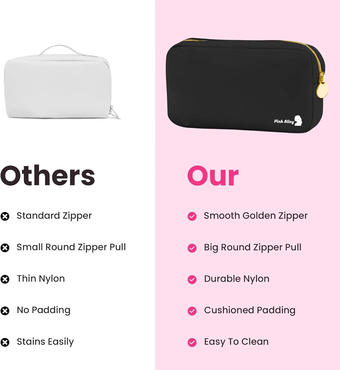 Cute Nylon Makeup Bag - 9" x 5" Durable Black Makeup Bag with Golden Zipper - Waterproof Cosmetic Bags for Women - Travel Makeup Bag For Girls - Portable makeup Bag (Black, Small)