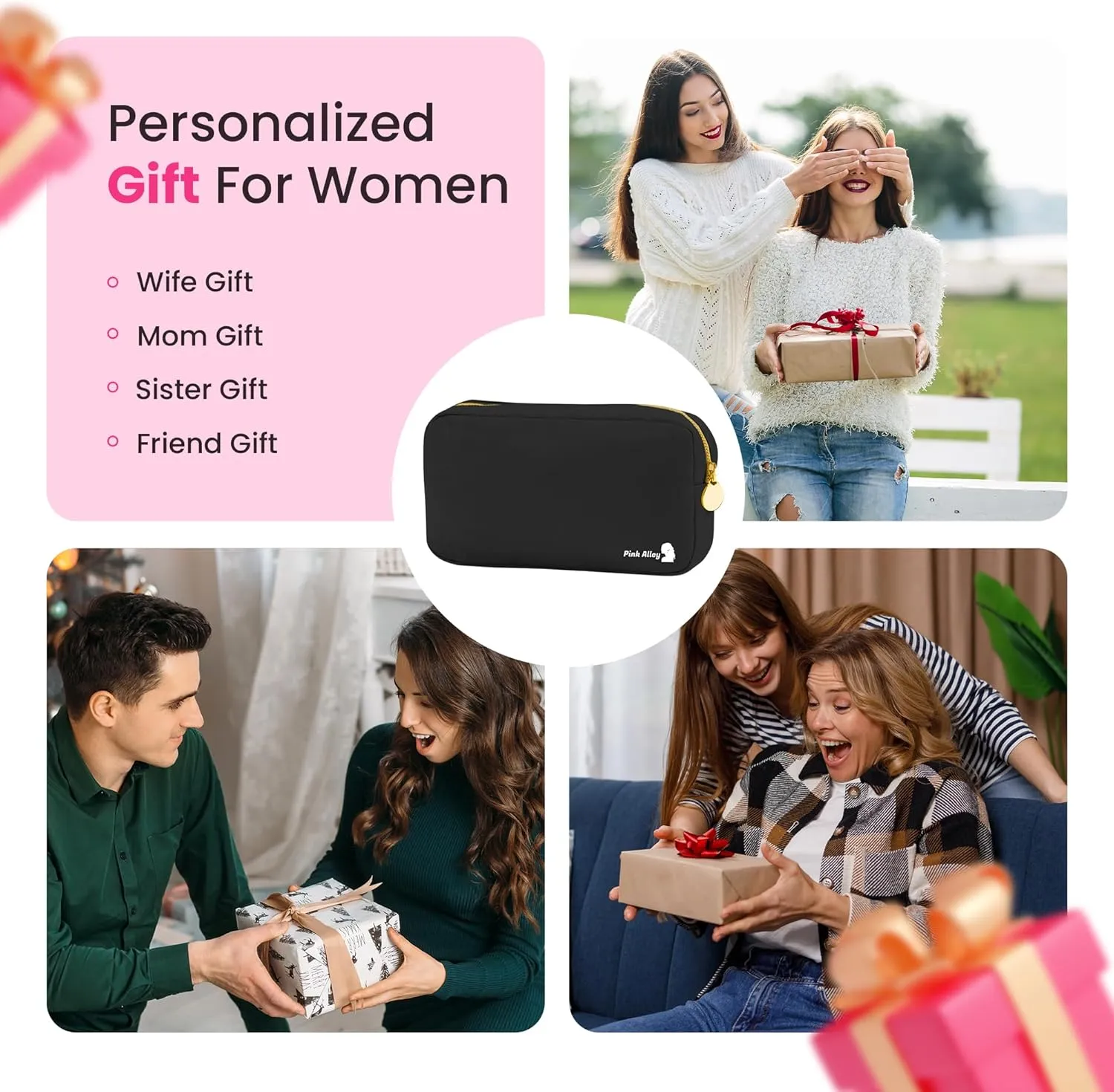 Cute Nylon Makeup Bag - 9" x 5" Durable Black Makeup Bag with Golden Zipper - Waterproof Cosmetic Bags for Women - Travel Makeup Bag For Girls - Portable makeup Bag (Black, Small)