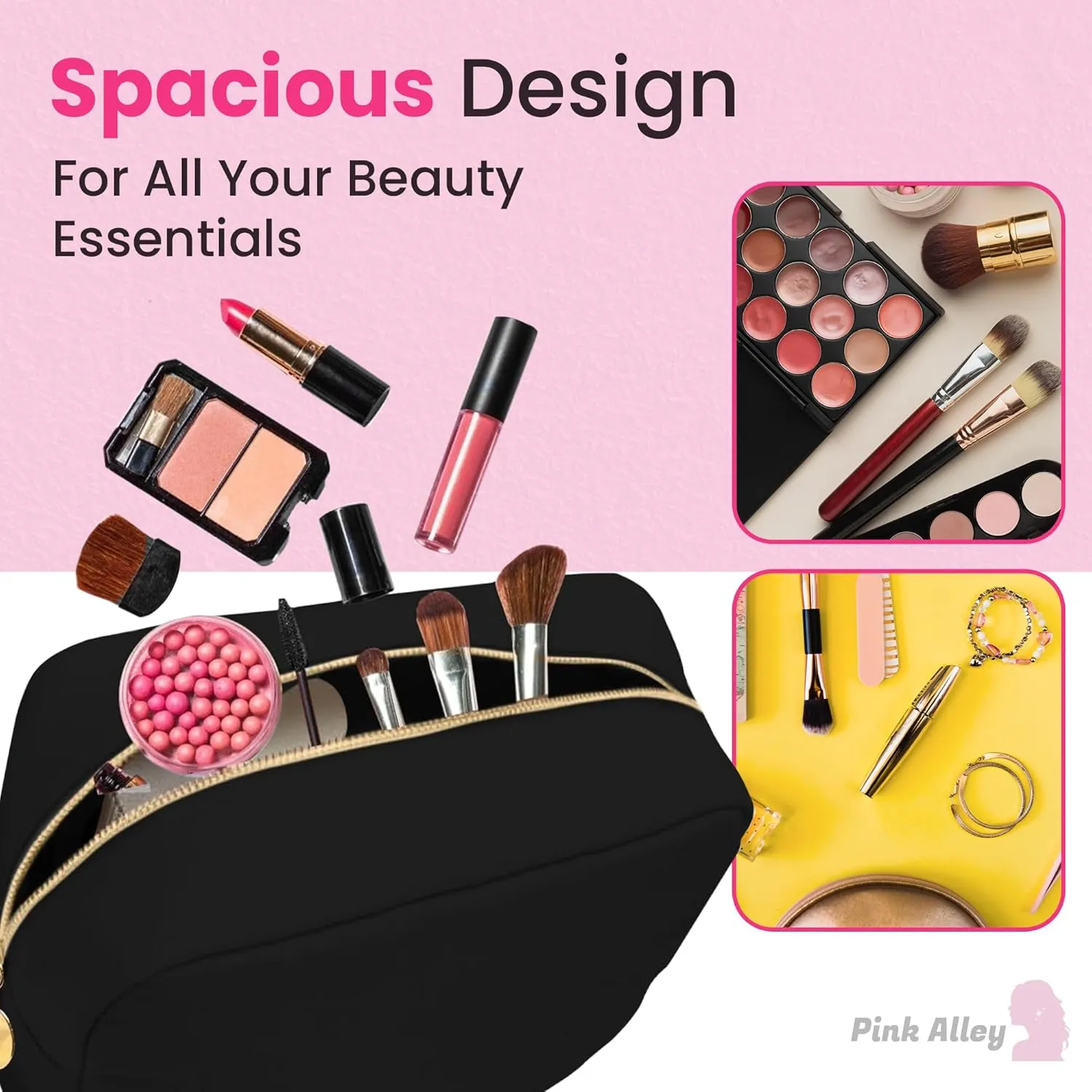 Cute Nylon Makeup Bag - 9" x 5" Durable Black Makeup Bag with Golden Zipper - Waterproof Cosmetic Bags for Women - Travel Makeup Bag For Girls - Portable makeup Bag (Black, Small)
