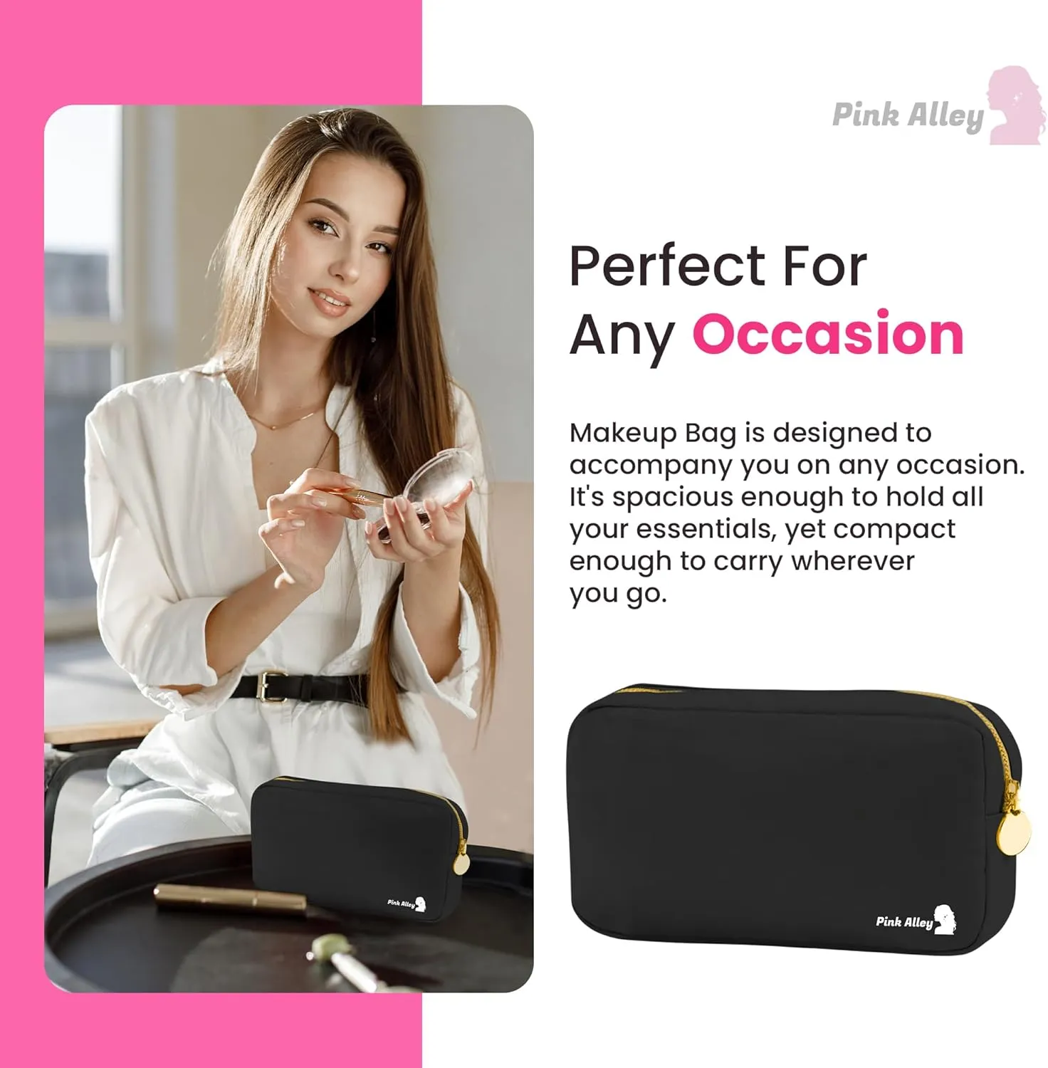 Cute Nylon Makeup Bag - 9" x 5" Durable Black Makeup Bag with Golden Zipper - Waterproof Cosmetic Bags for Women - Travel Makeup Bag For Girls - Portable makeup Bag (Black, Small)