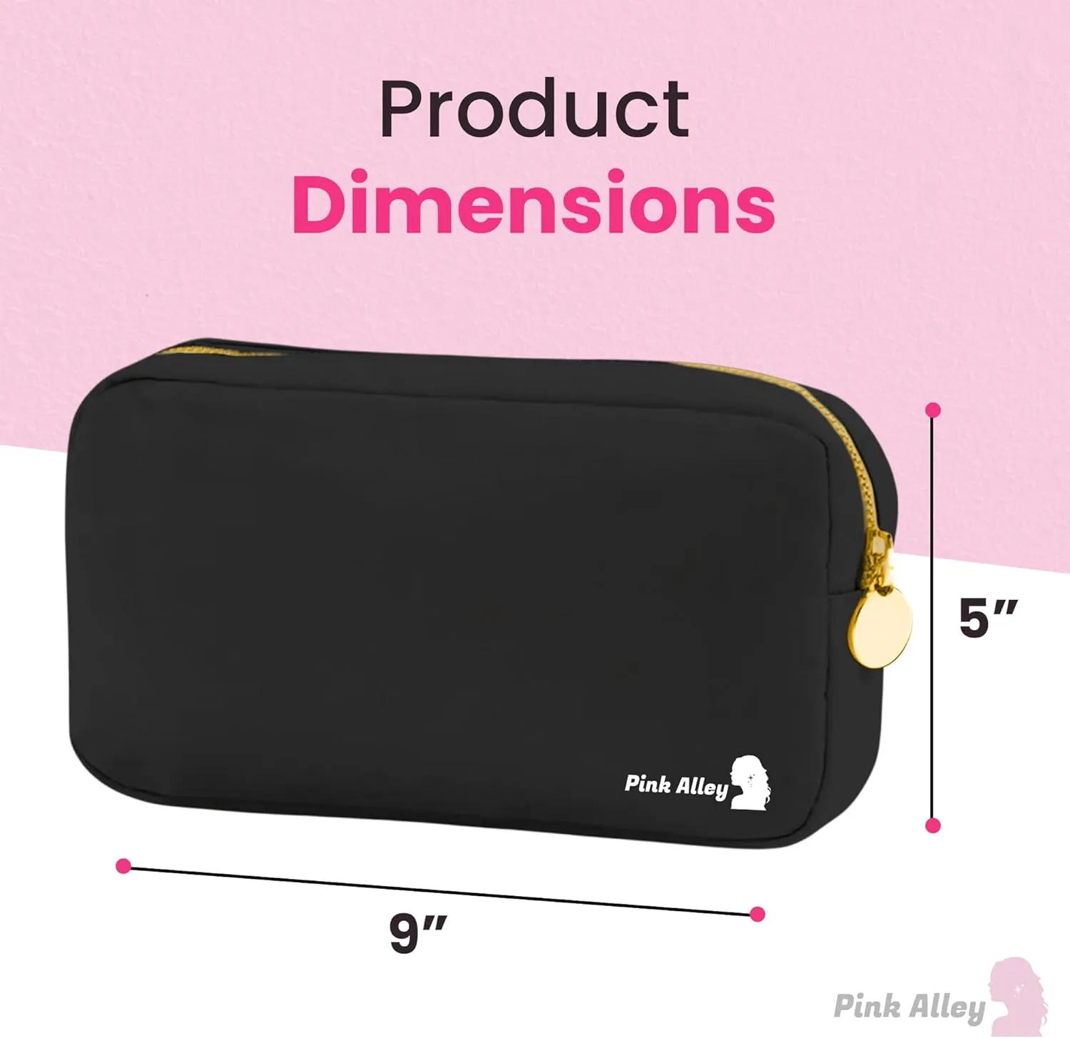 Cute Nylon Makeup Bag - 9" x 5" Durable Black Makeup Bag with Golden Zipper - Waterproof Cosmetic Bags for Women - Travel Makeup Bag For Girls - Portable makeup Bag (Black, Small)