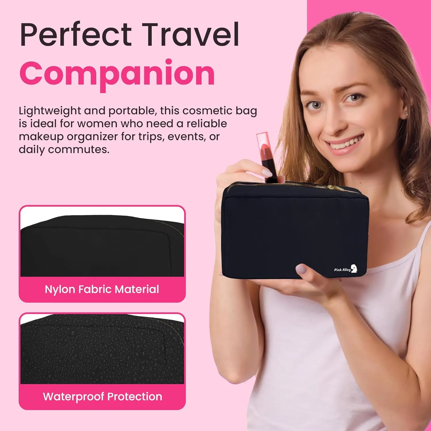 Cute Nylon Makeup Bag - 9" x 5" Durable Black Makeup Bag with Golden Zipper - Waterproof Cosmetic Bags for Women - Travel Makeup Bag For Girls - Portable makeup Bag (Black, Small)