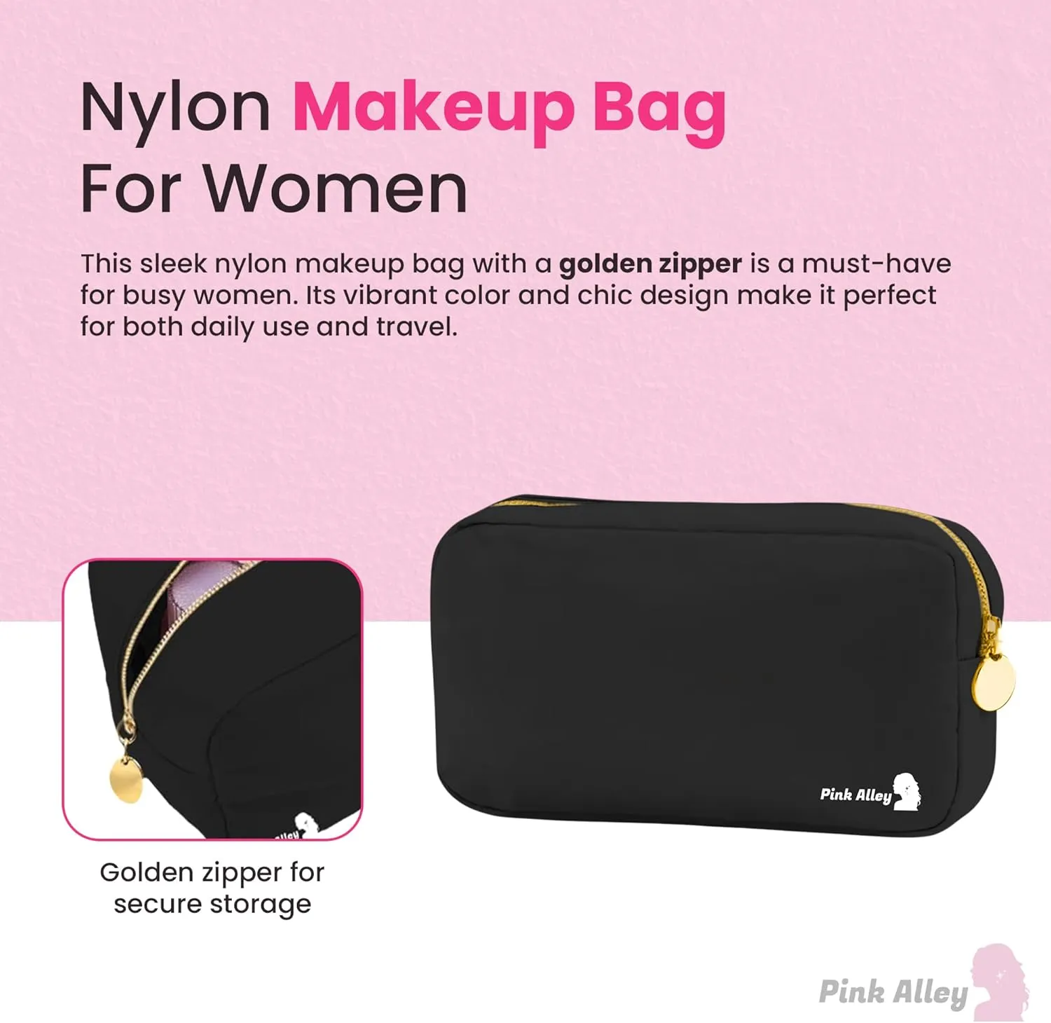 Cute Nylon Makeup Bag - 9" x 5" Durable Black Makeup Bag with Golden Zipper - Waterproof Cosmetic Bags for Women - Travel Makeup Bag For Girls - Portable makeup Bag (Black, Small)