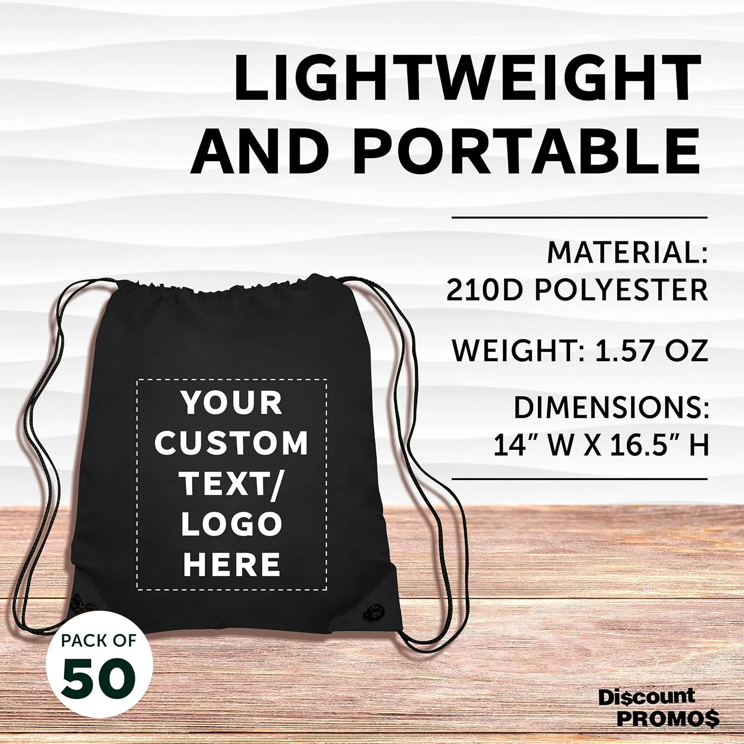 DISCOUNT PROMOS Custom Classic Polyester Drawstring Bags Set of 50, Personalized Bulk Pack - Bring Everywhere You Go, Great for Travelling, Gym and for Everyday Use - Black