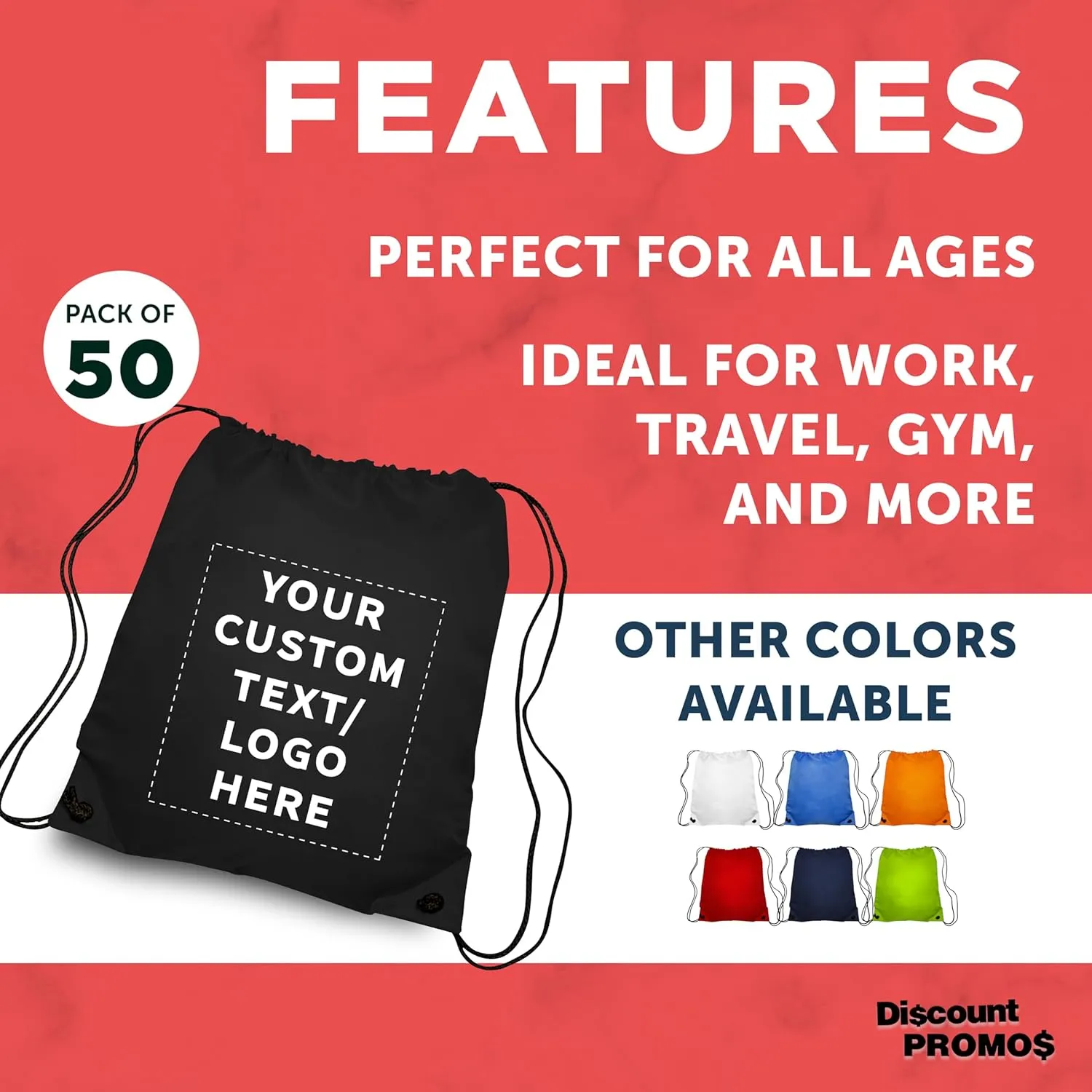 DISCOUNT PROMOS Custom Classic Polyester Drawstring Bags Set of 50, Personalized Bulk Pack - Bring Everywhere You Go, Great for Travelling, Gym and for Everyday Use - Black
