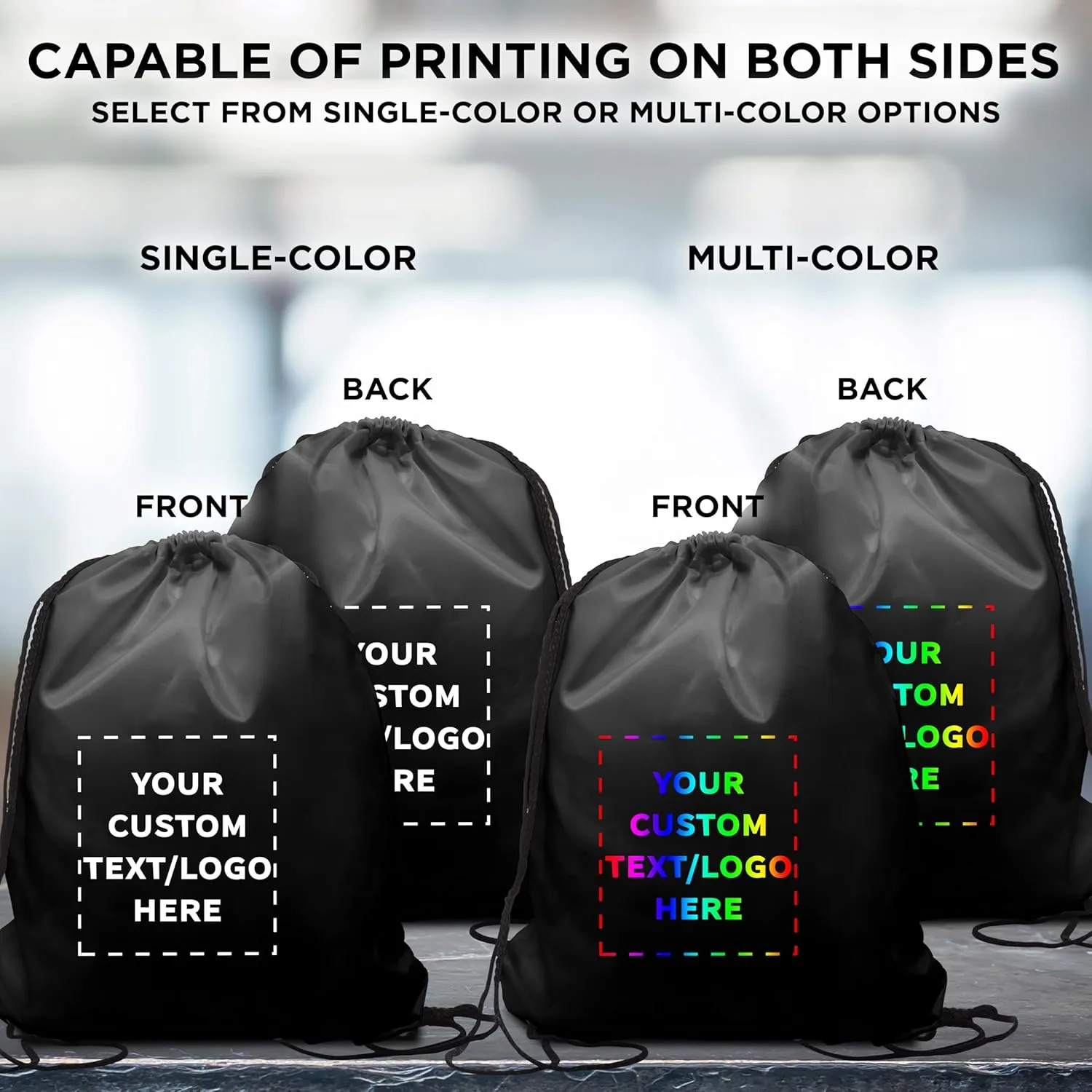 DISCOUNT PROMOS Custom Classic Polyester Drawstring Bags Set of 50, Personalized Bulk Pack - Bring Everywhere You Go, Great for Travelling, Gym and for Everyday Use - Black