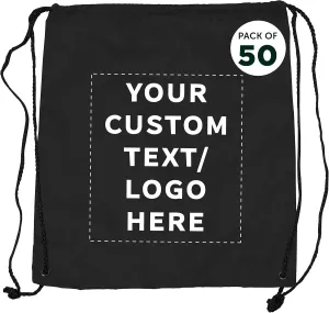DISCOUNT PROMOS Custom Classic Polyester Drawstring Bags Set of 50, Personalized Bulk Pack - Bring Everywhere You Go, Great for Travelling, Gym and for Everyday Use - Black
