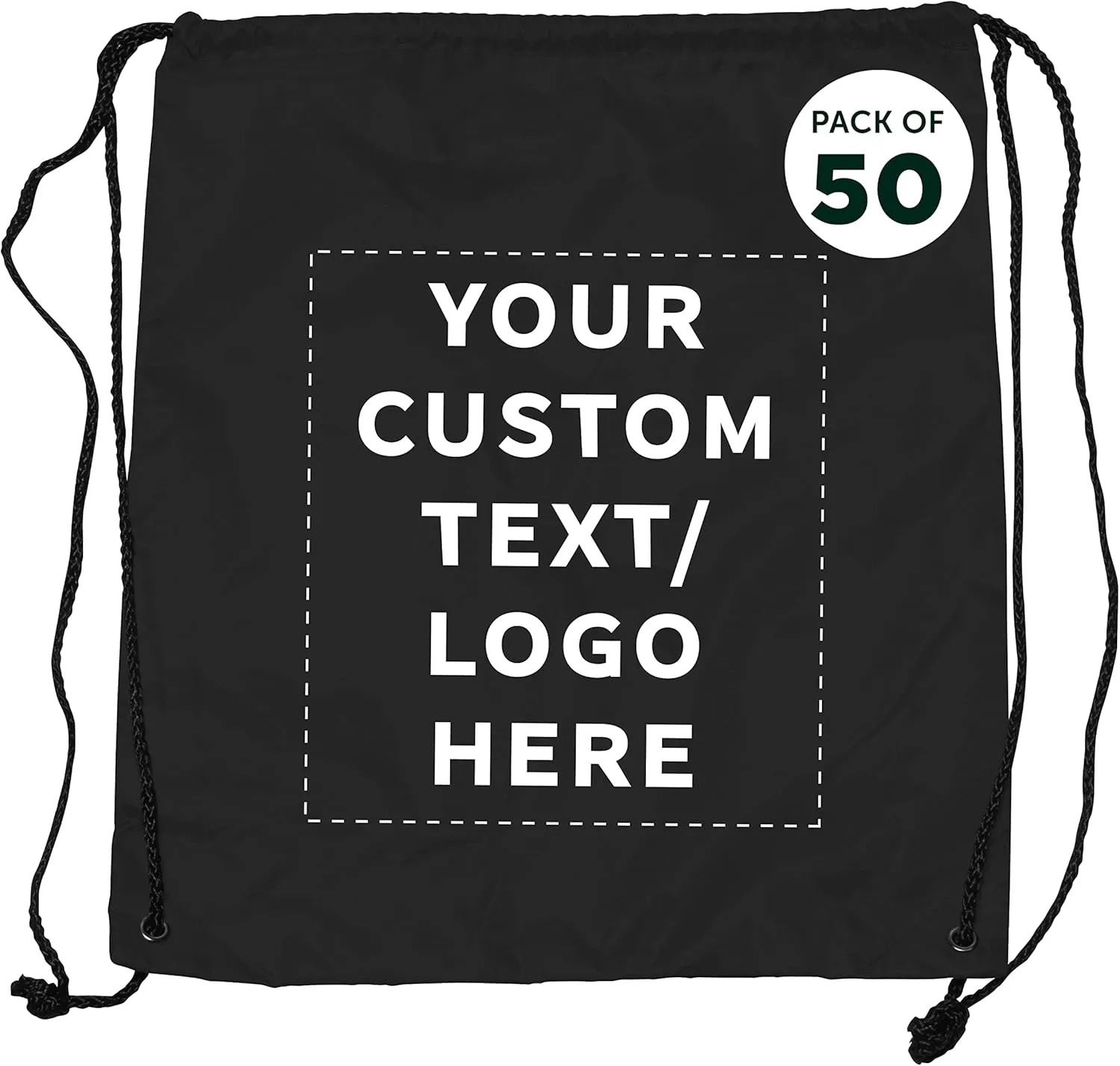 DISCOUNT PROMOS Custom Classic Polyester Drawstring Bags Set of 50, Personalized Bulk Pack - Bring Everywhere You Go, Great for Travelling, Gym and for Everyday Use - Black