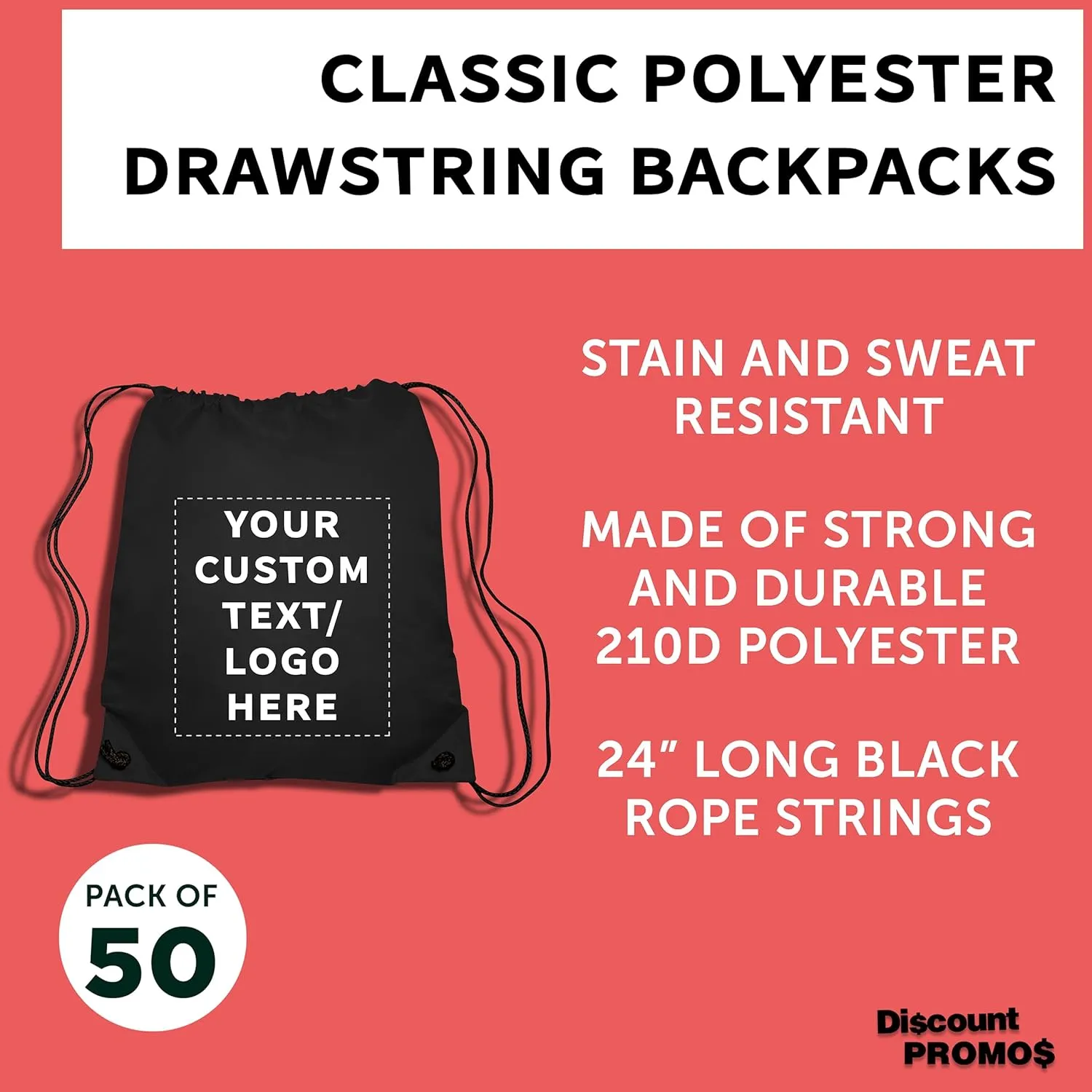 DISCOUNT PROMOS Custom Classic Polyester Drawstring Bags Set of 50, Personalized Bulk Pack - Bring Everywhere You Go, Great for Travelling, Gym and for Everyday Use - Black