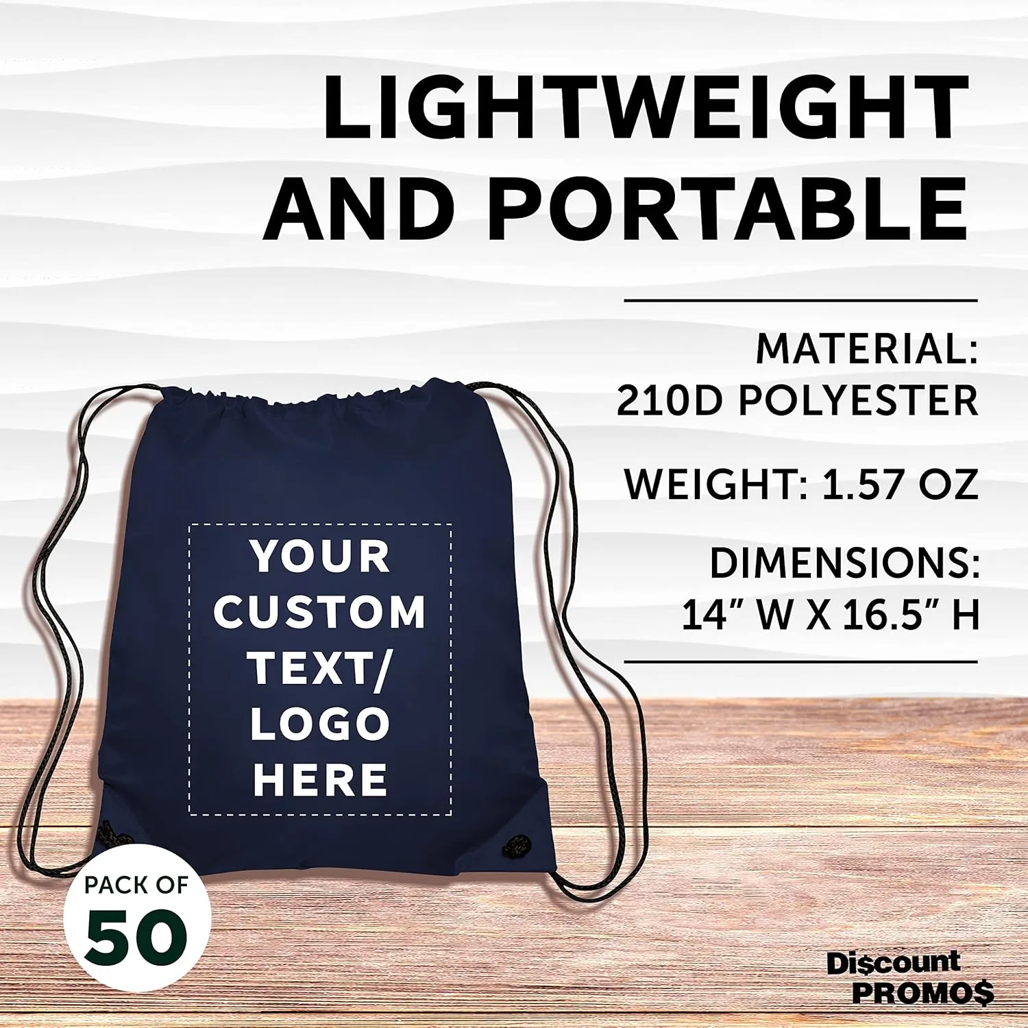 DISCOUNT PROMOS Custom Classic Polyester Drawstring Bags Set of 50, Personalized Bulk Pack - Bring Everywhere You Go, Great for Travelling, Gym and for Everyday Use - Navy Blue