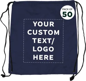 DISCOUNT PROMOS Custom Classic Polyester Drawstring Bags Set of 50, Personalized Bulk Pack - Bring Everywhere You Go, Great for Travelling, Gym and for Everyday Use - Navy Blue