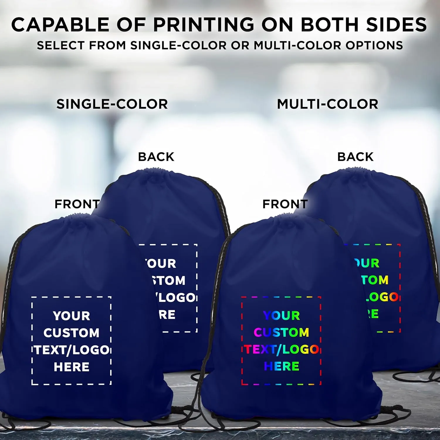 DISCOUNT PROMOS Custom Classic Polyester Drawstring Bags Set of 50, Personalized Bulk Pack - Bring Everywhere You Go, Great for Travelling, Gym and for Everyday Use - Navy Blue