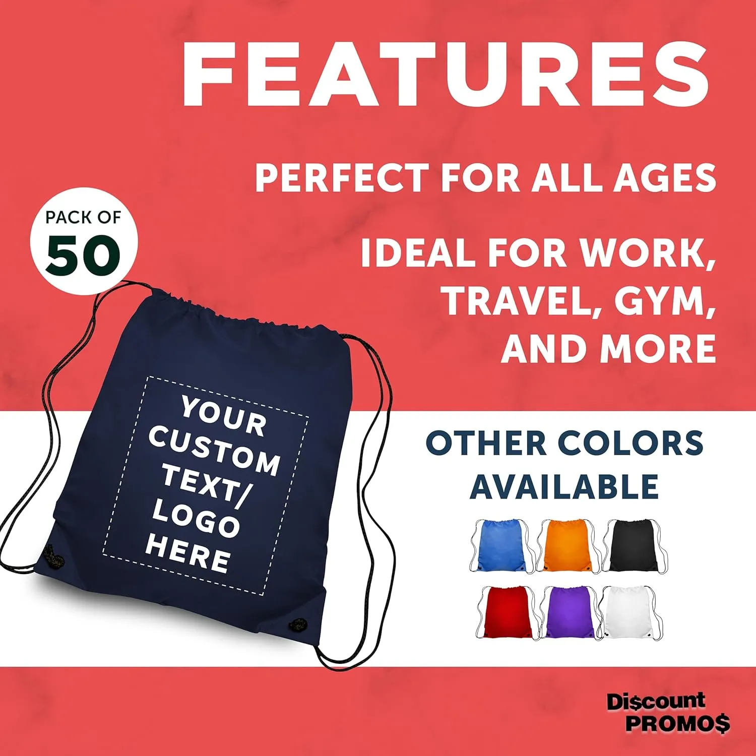 DISCOUNT PROMOS Custom Classic Polyester Drawstring Bags Set of 50, Personalized Bulk Pack - Bring Everywhere You Go, Great for Travelling, Gym and for Everyday Use - Navy Blue
