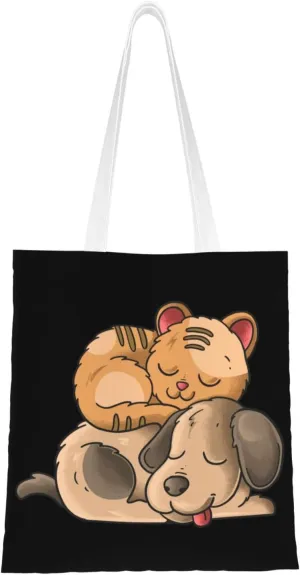 Dog and Cat Friendship Tote Bag for Women Canvas Shopping Bags Reusable Large Capacity Casual Shoulder Handbags Grocery Bags DIY Gift Bags